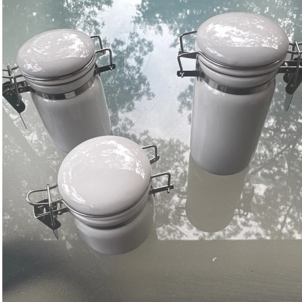 OGGI Ceramic Canister Set 3 Pc White Airtight Clamp Lock Lid Kitchen Storage
